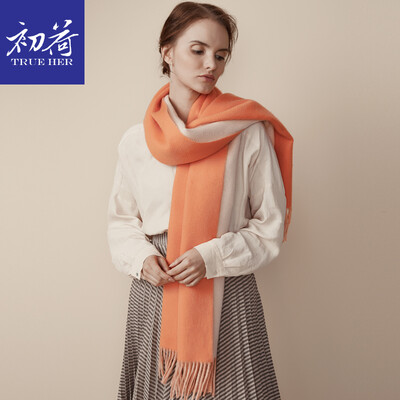 

Early loading TRUE HER autumn&winter scarf female cashmere double shawl dual-use thick warm solid color wild long paragraph collar beautiful gift box orange red rice