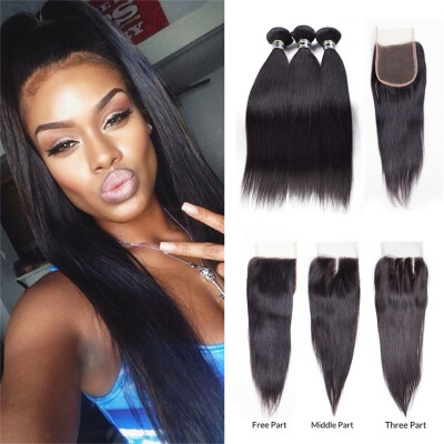 

7A Brazilian Virgin Hair 3 Bundles Straight with 4x4 Lace Closure Human Hair with Closure Straight Hair Bundles with Closure