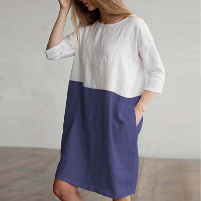 

New Arrival Spring Summer Autumn Cotton Linen Women Dress Three Quarter Sleeve Round Neck Loose Mini Dress with Pocket 5 Colors