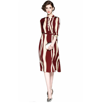 

2018 New Spring Office Lady A-Line Sashes Striped Turn-down Collar Polyester Dress