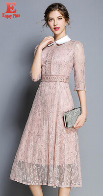 

M L XL elegant lace new autumn summer 2018 women long maxi dress half sleeve pink slim A line office lady mid calf