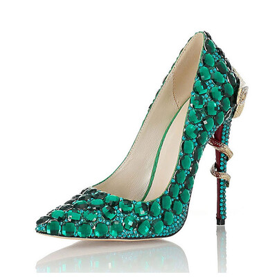 

Green drilled snake with sharp pointed thin shoes fashion night club wedding heels