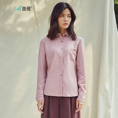 

INMAN 2018 autumn new linen cotton dark jacquard small shirt collar basic shirt female 18830VP11403 pink purple