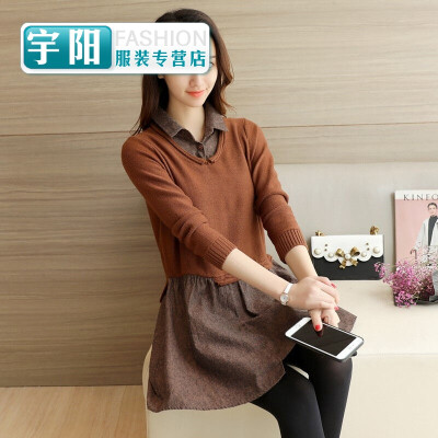 

Spring new Korean version of the fake two-piece loose long-sleeved shirt sweaters skirts skirts hair Mao womens tide