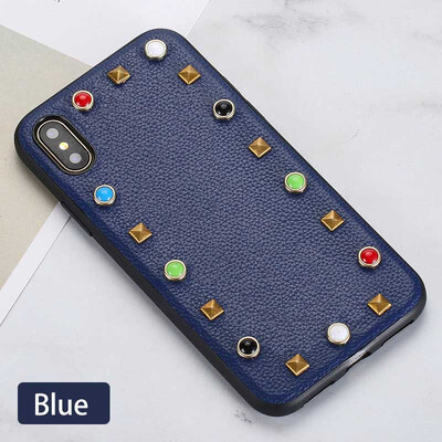 

Genuine Leather Phone Case For iPhone X Litchi Texture rivet Back Cover For 6 6S 7 8 Plus Cases