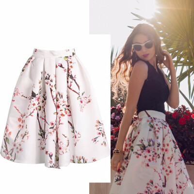 

Spring summer New Women Sakura Floral Print Elastic High Waist Pleated Long Midi Skater Vintage Skirt White Plus Size