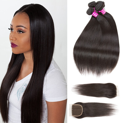 

Malaysian Virgin Human Hair Straight Bundels with 44 Free Part Lace Closure Wholesale Unprocessed Virgin Hair Bundle With Closure