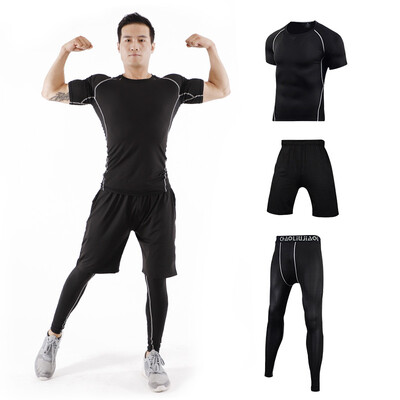 

Fan Dimu sports suit mens fitness clothing tight body quick-drying breathable moisture wicking running basketball suit fitness clothing men FNZ9001-black stitching - short sleeve three-piece