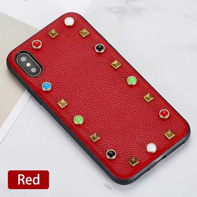 

Genuine Leather Phone Case For iPhone X Litchi Texture rivet Back Cover For 6 6S 7 8 Plus Cases
