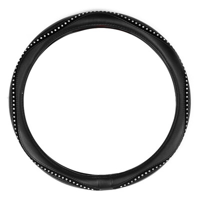 

Fashion Steering Wheel Cover Black Lychee Pattern with Luxury Crystal Rhinestone M size Fits 38cm15" Diameter