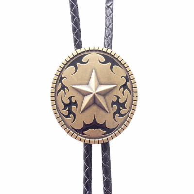 

New Vintage Bronze Plated Original Western Oval Star Bolo Tie Leather Necklace