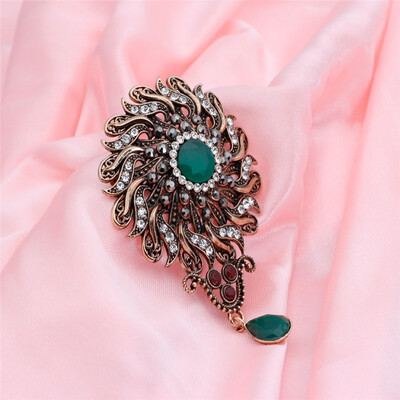 

New Turkish Vintage Water Drop Resin Pendant Brooch Pins Antique Gold Color Red Round Stone Bohemia Ethnic Wedding Jewelry 2018