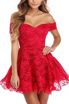 

Lace Skater Off the Shoulder Short Sleeves High Waist Padded Cups Dress 2018