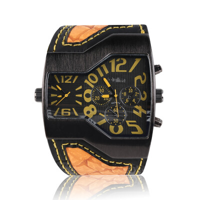 

Men's 2 Movements Wide PU Leather Strap Quartz Wrist Watch Time Gift