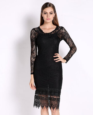 

Autumn Lace Dresses Woman Long Sleeve Black Hollow Out Elegant Flower Print Dress Midi O Neck Fashion Women Clothes