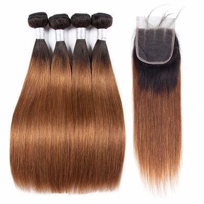 

HCDIVA Pre -colored Hair Weave 4 Bundles With Closure 4x4 1B30 Dark Roots Ombre Brazilian Straight Human Hair Bundles Virgin