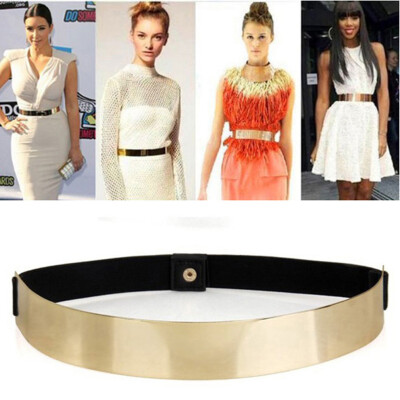 

Women Elastic Metal Waist Belt Metallic Bling Gold Plate slim Simple Band