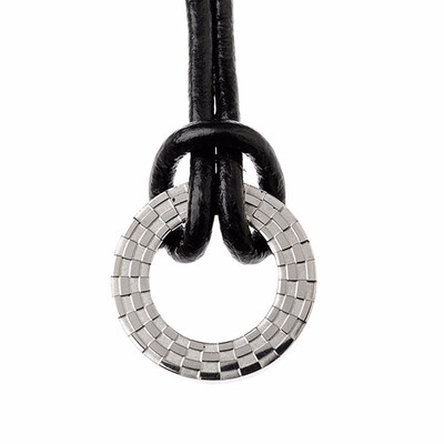 

Mens Stainless Steel Check Pattern Silver Circle Leather Necklace
