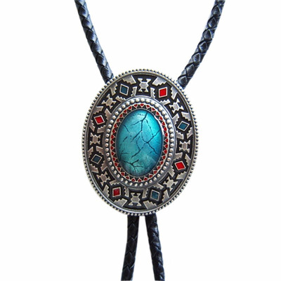 

Vintage Silver Plated Oval Enamel American Native Southwest Patterns Bolo Tie