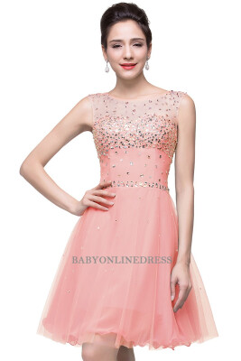 

2018 A-line Sleeveless Crew Short Tulle Prom Dresses with Crystal Beads