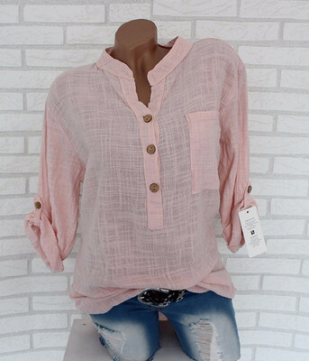 

Womens Fashion V-neck Pure Color Blouse Rolled Long Sleeve Tops