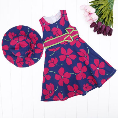 

Kids Childrens Wear Sleeveless Flower Print Bow Casual Party Princess Lovely Children Dress Clothes Hat