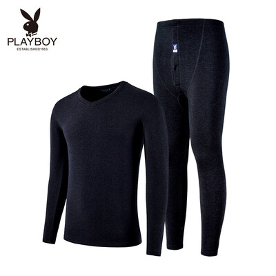 

Playboy Mens Thermal Underwear Set V-neck Basic Thermal Underwear Mens Thick Autumn Clothes Long Pants Set Light Gray V-neck