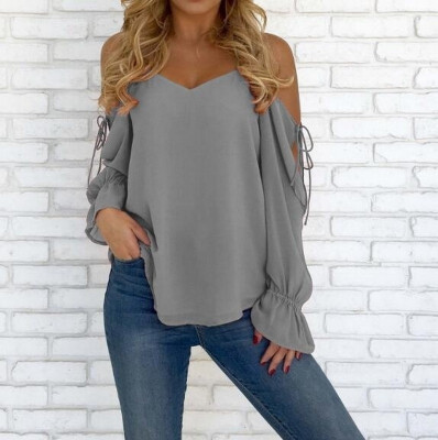 

2018 Spring&Summer Women Sexy Deep V-Neck Shirt Casual Long Sleeve Top Ladies Fashion Loose T-Shirts Off Shoulder Chiffon