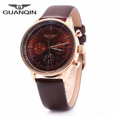 

GUANQIN Men Leather Quartz Watch with Calendar Display Moving Three Sub-dials