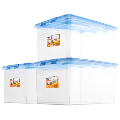 

JEKO&JEKO plastic desktop transparent storage box 16L 3 Pack toy clothes storage box snack storage box portable storage box blue SWB-514