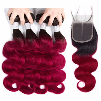 

HCDIVA Hair Brazilian Hair Body Wave 4 Bundles With Closure Ombre Human Hair Bundles With Lace Closure 1BBurgundy Virgin