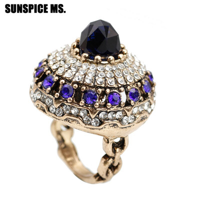 

Exquisite Turkish Natural Stone Vintage Rings For Women Antique Gold Color Full Crystal Big Wedding Rings Jewelry 2018 New Style