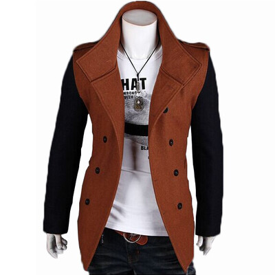 

Zogaa New Mens Wool Coat Contrast Color Double-breasted