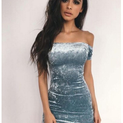 

Women Sexy Sleeveless Off Shoulder Hip Wrap Dress Velvet Mini Dress Ladies Fashion Slim Fit Waist Bodycon Dress