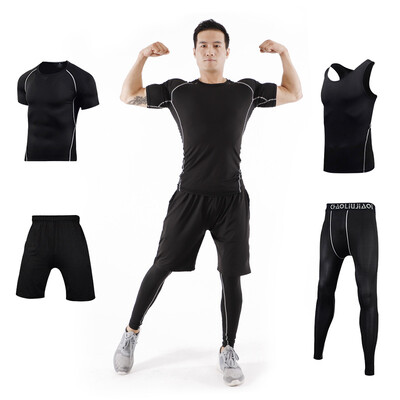 

Fan Dimu workout clothes sports suit four-piece fitness clothes tight compression clothing men&women training running clothes FNZ9001-black line - short sleeve four-piece -XXXL