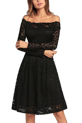 

2018 Hot Vintage Lace Off the Shoulder Long Sleeve A Line Pleated Dress
