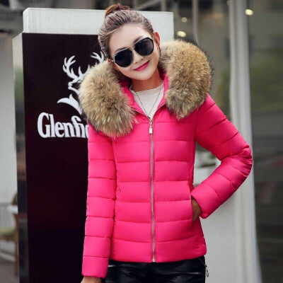 

2018 winter womens hooded Slim thin cotton coat large fur collar cotton jacket