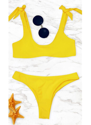 

2018 Women Bikini Set Tied Bow Padded Wireless Low Waist Solid Two Piece