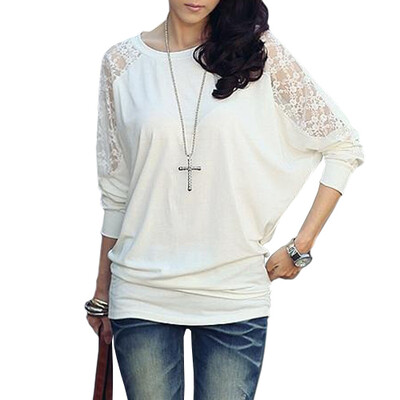 

CT&HF Women Casual Bat Sleeves Cotton&Lace Splicing T-Shirt