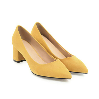 

IDIFU Womens Trendy Faux Suede Pointed Toe Low Cut OL Work Shoes Block Medium Heel Slip on Pump