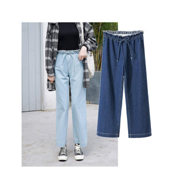 

Jeans women elastic waist wide leg straight Korean version of thin section high waist spring&summer autumn loose nine pants L-