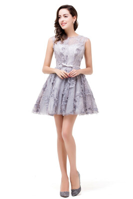 

A-Line Jewel Sleeveless Flower Applique Grey Prom Dresses