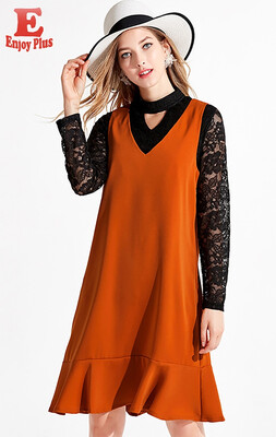 

L XL XXL 3XL 4XL 5XL plus size elegant autumn 2018 women dress long sleeve large size black orange two piece set lace midi lady