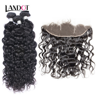 

9A Lace Frontal Closure With 3 Bundles Indian Virgin Human Hair Weave Water Natural Wave Wet And Wavy Curly Indian Remy Hair 4 Pcs