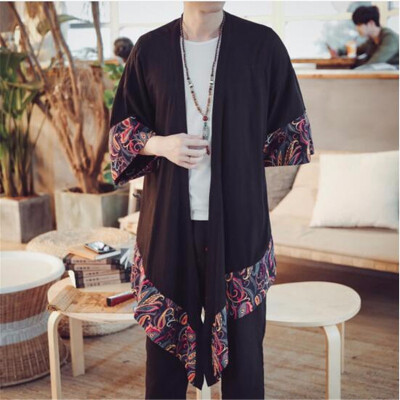 

Men Spring Summer Cotton Linen Long Cardigan Trench Coat Outerwear Men Fashion Casual Loose Thin Kimono Jacket Overcoat