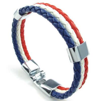 

Hpolw Mens&Womens France Flags Sports 3 Strands Rope hand Braided Surfer Alloy Leather Blue&White&Red Bracelets