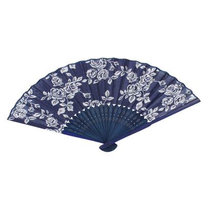 

UpperX dark Blue Bamboo Frame Rose Pattern Foldable Hand Fan for Women