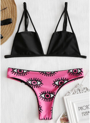 

2018 Women Print Bikini Set Caged Strappy Top High Leg Swimsuit Beach Swimwear