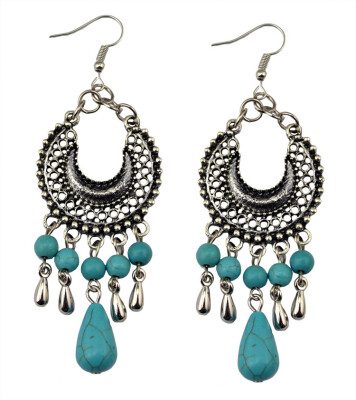 

Idealway Bohemian Retro Silver Natural Turquoise Beads Tassel Moon Shape Long Hook Dangle Earrings Women Earrings