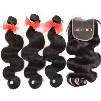 

10A 5x5 Lace Closure With 3 Bundles Brazilian Virgin Human Hair Weave Body Wave Unprocessed Remy Hair Natural Color Can Bleach 613